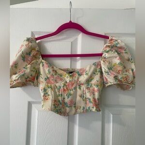 ZARA Floral Corset Bustier Crop Top With Puffed Sleeves